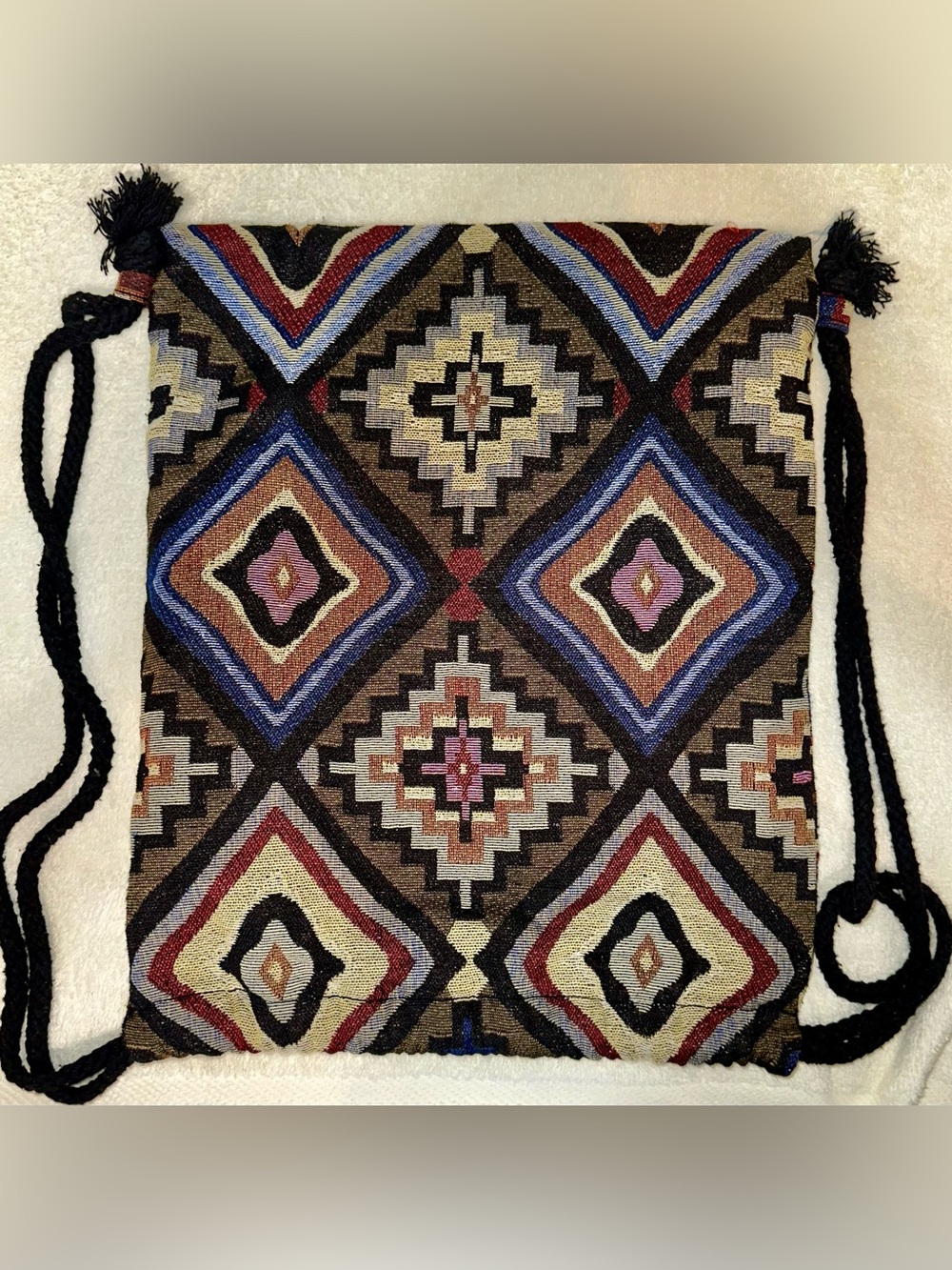 Vintage 90s Southwest Woven Tapestry Drawstring Backpack 16x18 Geometric Bag
